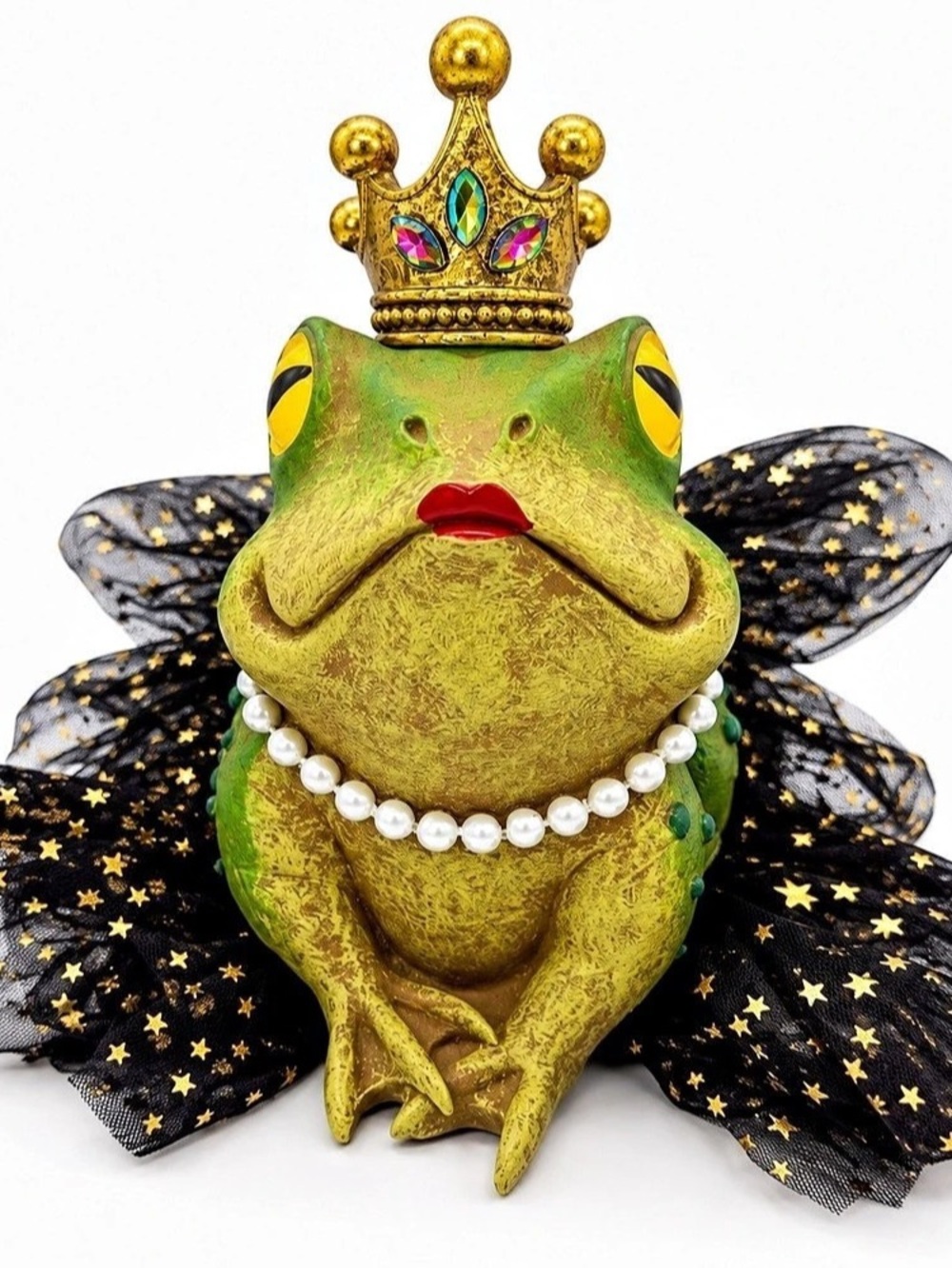 Whimsical Frog Princess Queen Jeweled Crown Pearl Tutu Resin Figurine 6.5”